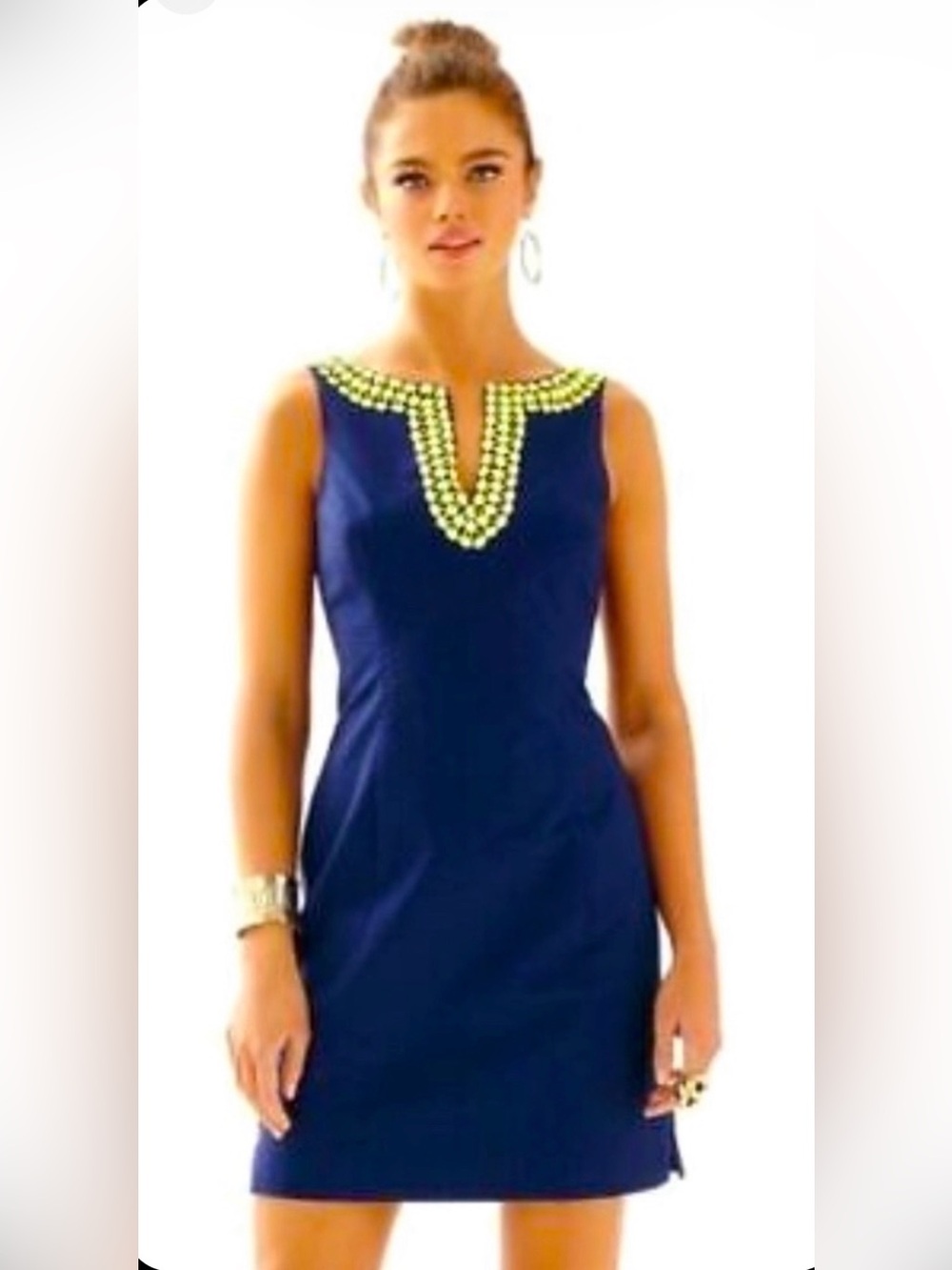 Lilly Pulitzer “Limoncello” Textured Navy Neon Beaded Dress sz12 Like New EUC